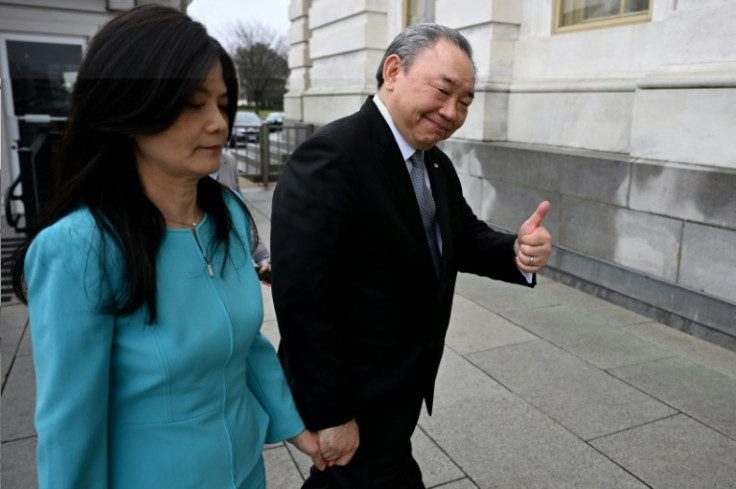 Taiwan's new de facto ambassador to the US, Alexander Tah-ray Yui, and his wife Karen Lo arrive to meet with lawmakers at the US Capitol