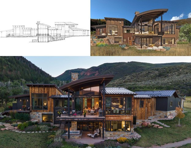 Initial drawing (top left), digital rendering (top right), and final