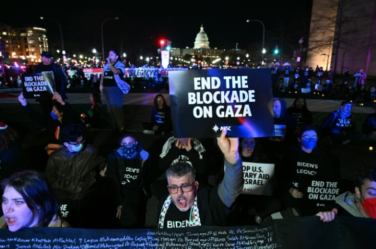 Pro-Palestinian demonstrators near the US Capitol block a street ahead of President Joe Biden's State of the Union address