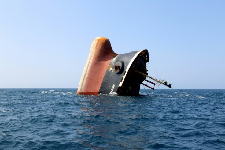 The Rubymar cargo ship is seen partly submerged off the coast of Yemen