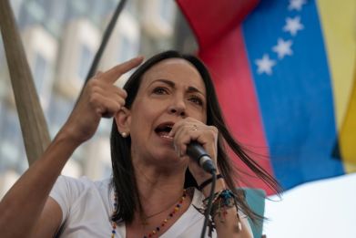 Venezuelan opposition leader Maria Corina Machado speaks to supporters in Caracas' Altamira Square in January 2024
