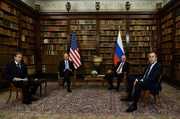 US President Joe Biden and Russian President Vladimir Putin, with their top diplomats Antony Blinken and Sergei Lavrov, at a summit in Geneva on June 16, 2021