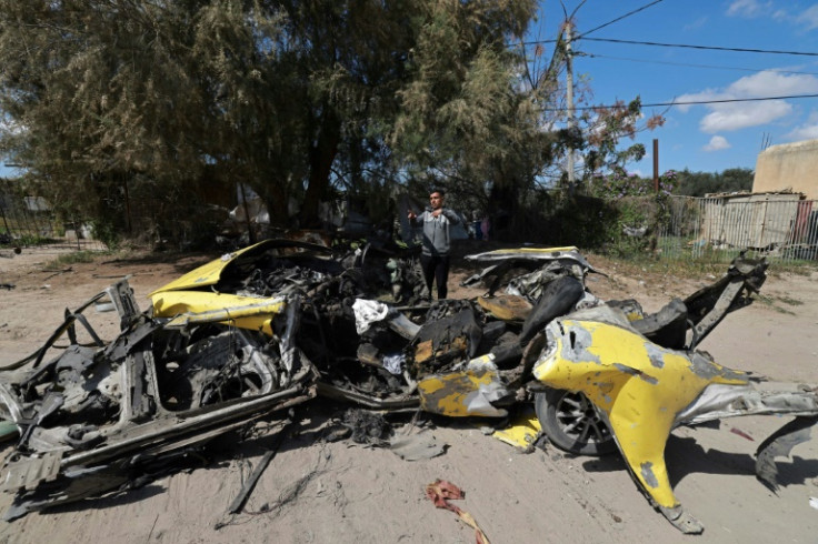 A car destroyed by Israeli bombardment in Rafah, the crowded southern Gaza Strip area where around 1.5 million people have sought refuge