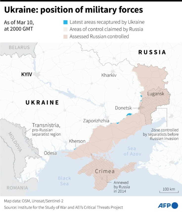 Map of areas controlled by Ukrainian and Russian forces in Ukraine, as of March 10, 2000 GMT