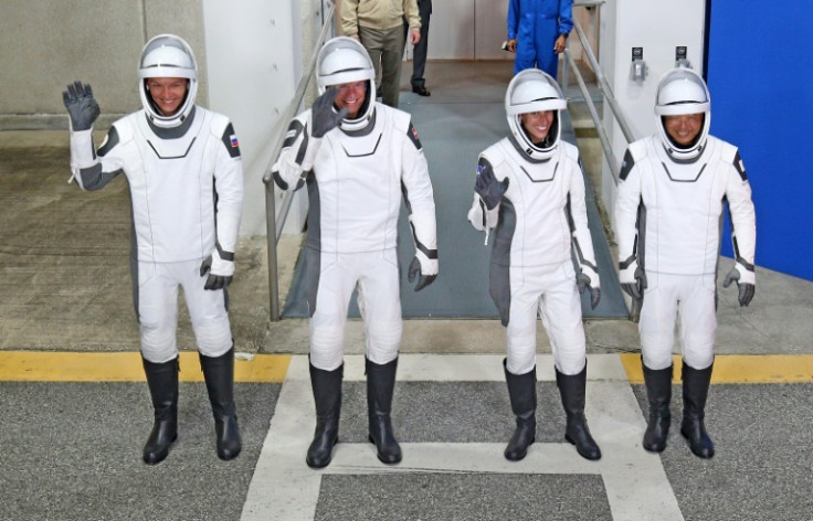 Crew-7 (From L) Roscosmos cosmonaut Konstantin Borisov, ESA's Andreas Mogensen, NASA's Jasmin Moghbeli, and JAXA astronaut Satoshi Furukawa
