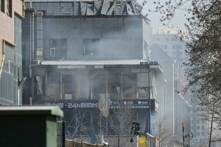 A damaged building at the scene of Wednesday's suspected gas explosion in Hebei province