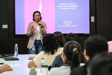 Aileen Antolin of the Philippine Foundation for Breast Cancer speaks during a seminar on breast cancer awareness in Manila