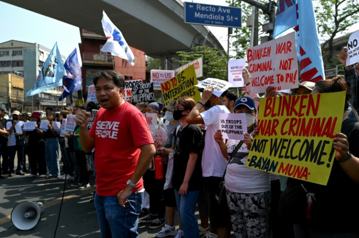 People protest against US Secretary of State Antony Blinken's visit to Manila