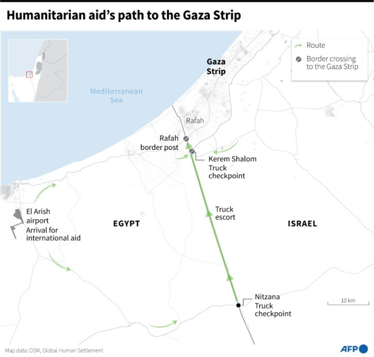 Map showing the Rafah border post between the Gaza Strip and Egypt, El Arish airport in Egypt and checkpoints in Nitzana and Kerem Shalom for aid trucks headed to Gaza