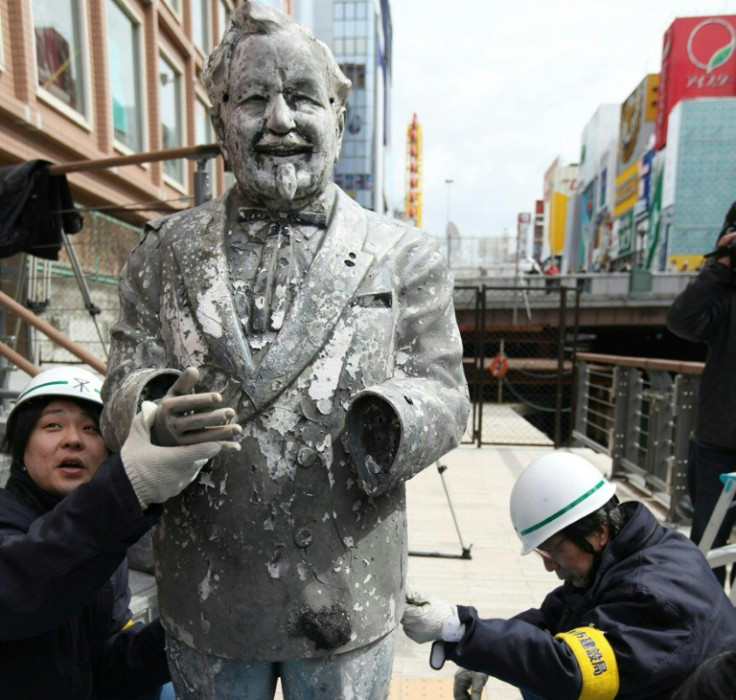 A statue of Colonel Sanders after it was recovered from the sludge of a river in Osaka, Japan on March 11, 2009