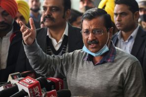 Arvind Kejriwal (C), chief minister of Delhi, was arrested ahead of India's election