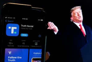 Donald Trump next to a phone screen displaying the Truth Social app
