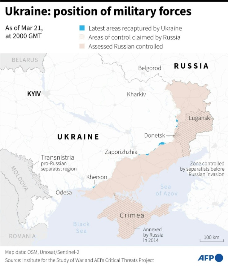 Map of areas controlled by Ukrainian and Russian forces in Ukraine, as of March 21, 2000 GMT