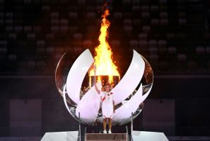The Olympic cauldron during the last Games in Tokyo in 2021, which was lit by Japanese tennis player Naomi Osaka