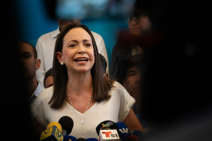 Venezuelan opposition leader Maria Corina Machado speaks during a press conference at her party headquarters in Caracas