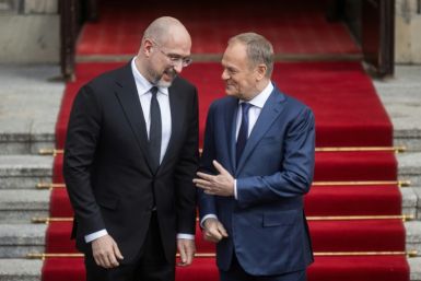 Ukrainian Prime Minister Denys Shmyhal (L) said he hope to have 'pragmatic and constructive' talks with Polish counterpart Donald Tusk (R)