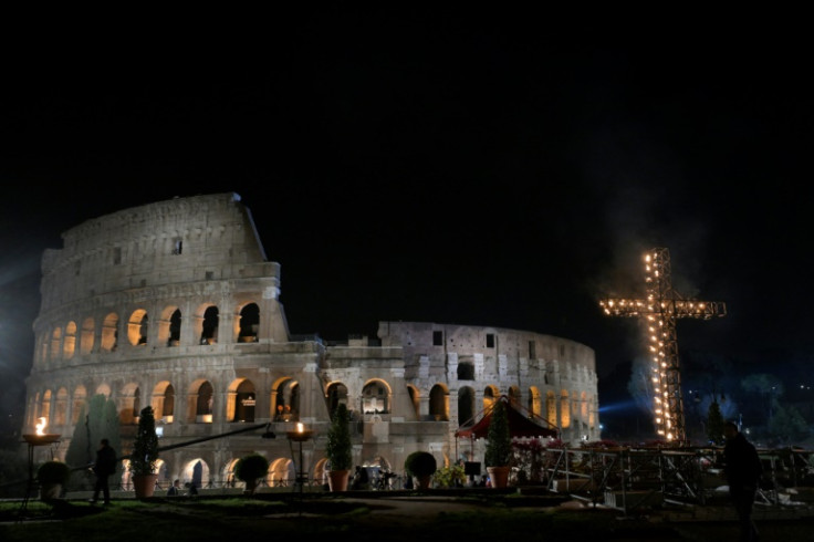 A cross in front of the Colosseum  in Rome, part of the Way of the Cross ceremony that Francis was to preside