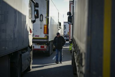 Trucks queue at the  Bulgaria-Romania frontier. The two countries are joining Europe's Schengen visa free zone but it will not stop tailbacks for hauliers