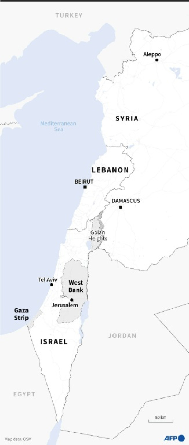 Map showing western Syria, Israel, the Palestinian territories and Lebanon