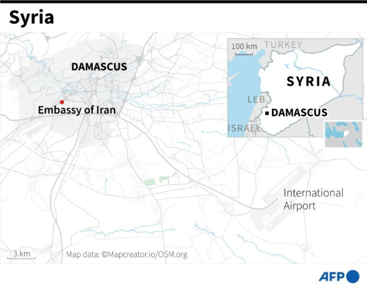 Map of Damascus, Syria, locating the Iranian embassy in the district of Mazzeh. Israeli air strikes destroyed the embassy's consular annex