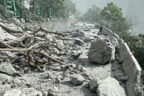 Debris on a road in Hualien, after a major earthquake hit Taiwan's east