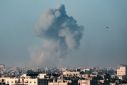 Smoke billows during Israeli bombardment on Khan Yunis in the southern Gaza Strip on April 3, 2024