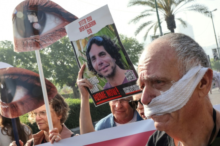 Relatives and supporters of Israeli hostages held in Gaza since the October 7 attacks protest in Tel Aviv on April 4, 2024