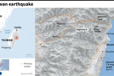 Map of the region in Taiwan surrounding the epicentre of a 7.4-magnitude earthquake that struck on Wednesday, April 3. Map highlights primary routes.