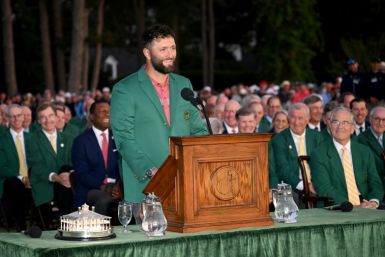 Jon Rahm of Spain speaks during the Green Jacket Ceremony after winning the 2023 Masters Tournament at Augusta National Golf Club on April 09, 2023.