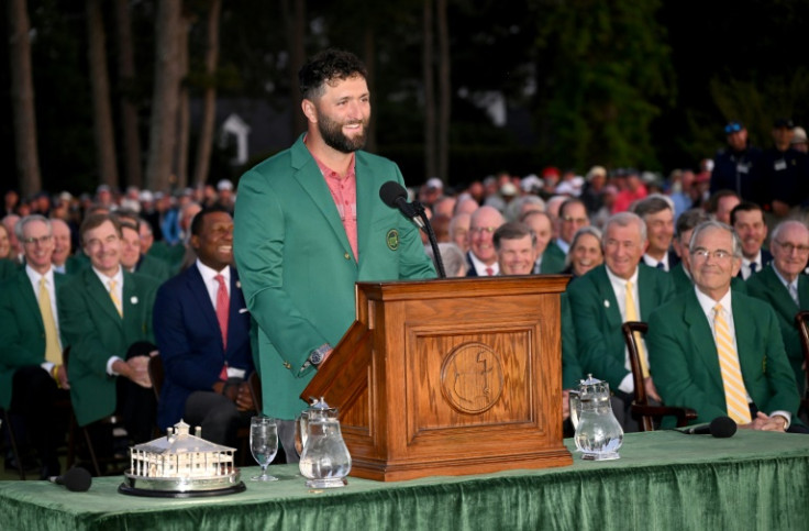 Jon Rahm of Spain speaks during the Green Jacket Ceremony after winning the 2023 Masters Tournament at Augusta National Golf Club on April 09, 2023.