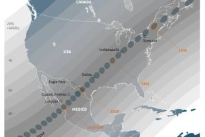 Map showing the areas where the shadow of the Moon will pass during the total solar eclipse in Mexico, US and Canada on April 8