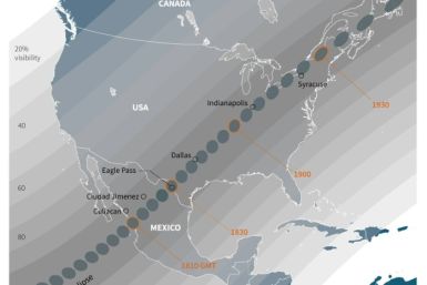 Map showing the areas where the shadow of the Moon will pass during the total solar eclipse in Mexico, US and Canada on April 8