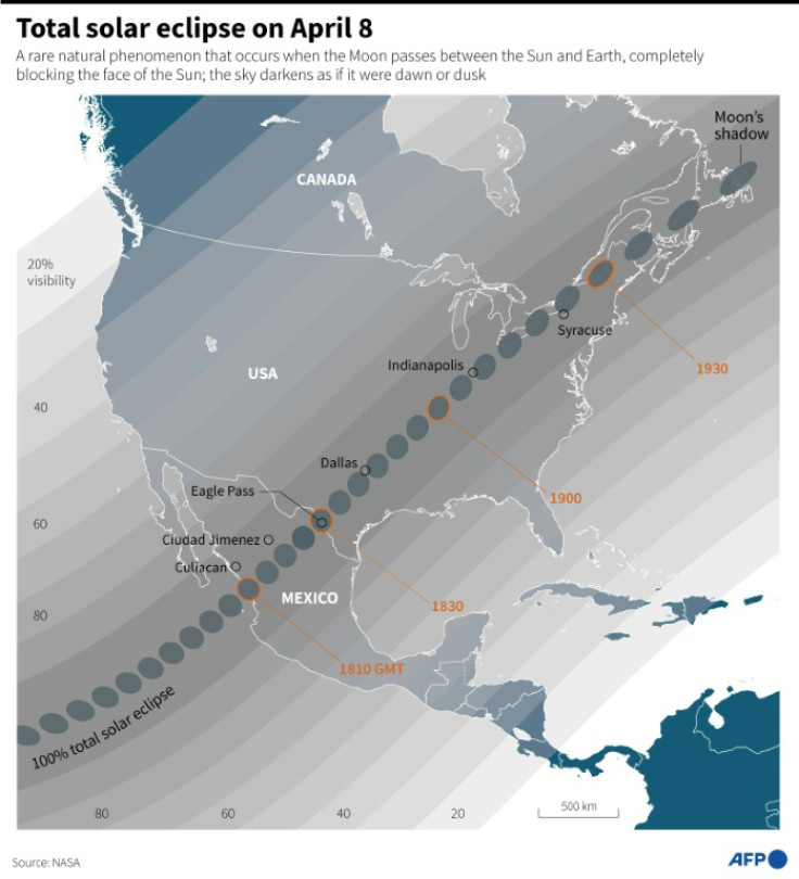 Map showing the areas where the shadow of the Moon will pass during the total solar eclipse in Mexico, US and Canada on April 8