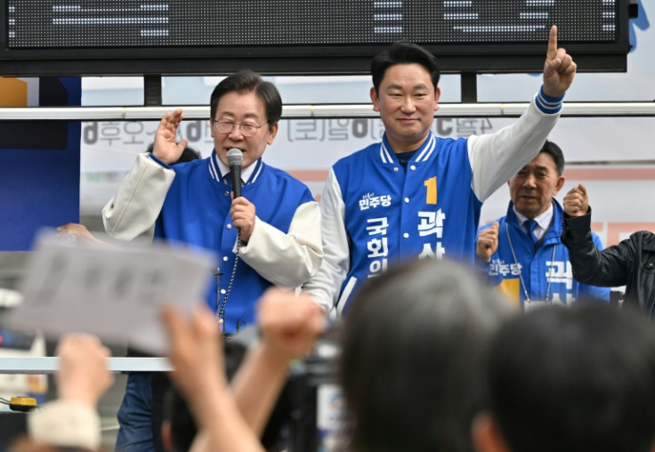 South Korea's main opposition Democratic Party leader Lee Jae-myung addresses  supporters before parliamentary elections on Wednesday