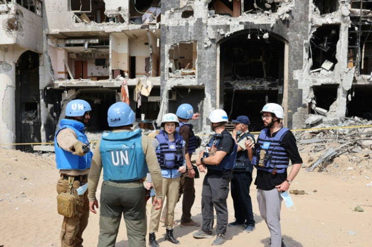 A United Nations team inspects the grounds of Al-Shifa hospital, Gaza's largest, which was destroyed during a two-week Israeli raid, on April 8, 2024