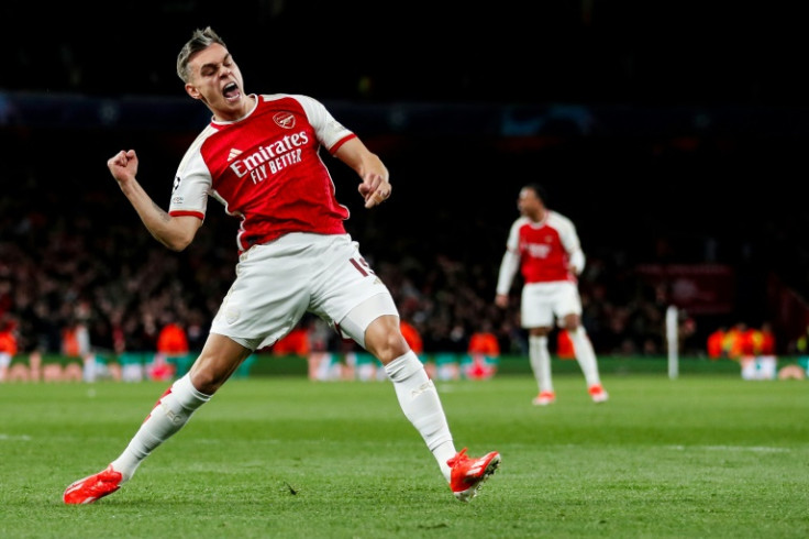 Arsenal's Leandro Trossard celebrates after scoring against Bayern Munich
