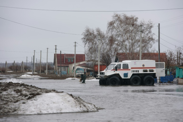 A rescue vehicle evacuating residents in Pokrovka, northern Kazakhstan, on Tuesday