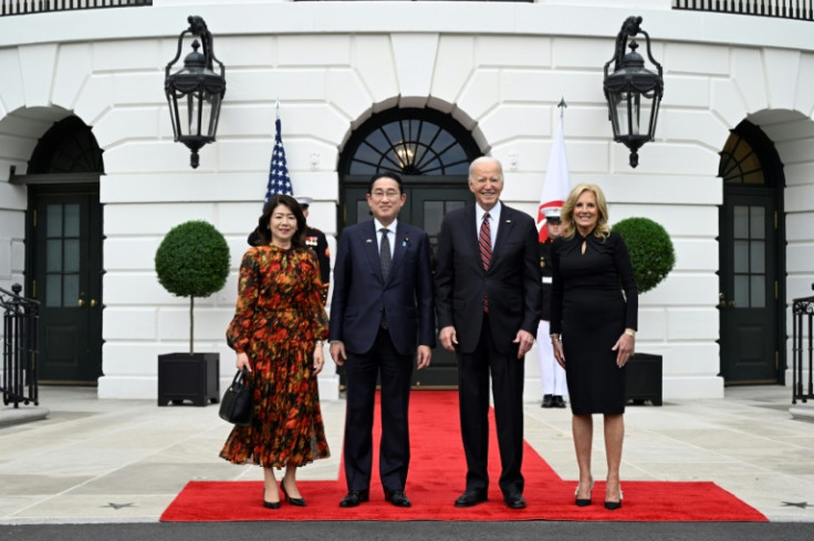 US President Joe Biden and First Lady Jill Biden welcome Japan's Prime Minister Fumio Kishida and his spouse Yuko Kishida at the South Portico of the White House in Washington, DC