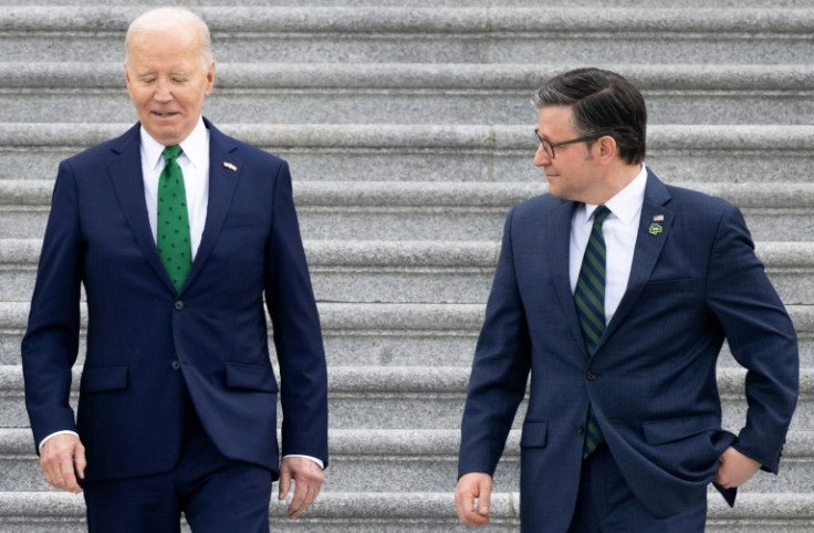 US President Joe Biden and Speaker of the House Mike Johnson depart after the annual Friends of Ireland luncheon at the US Capitol on March 15, 2024