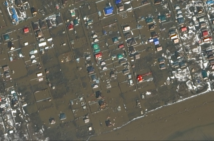 A handout satellite image from Maxar Technologies of flooding near Orenburg airbase on April 3