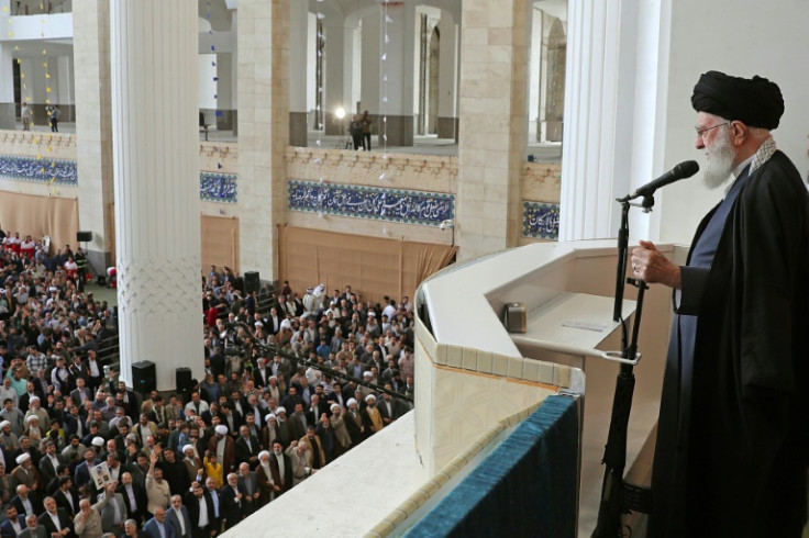 Iranian supreme leader Ayatollah Ali Khamenei during the Eid al-Fitr prayer ceremony in Tehran on April 10, 2024