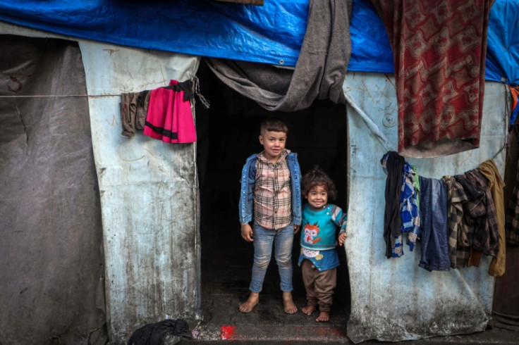 Displaced children in a tent on the first day of the Eid al-Fitr festival, marking the end of the holy month of Ramadan, in Rafah, southern Gaza Strip, on April 10, 2024