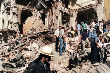 A file photo dated March 17, 1992, in Buenos Aires shows the destruction of the Israeli embassy in Argentina after a massive bomb attack