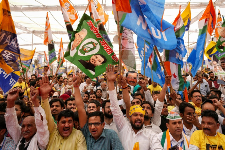 Supporters of the opposition INDIA bloc, or Indian National Developmental Inclusive Alliance, shout slogans during a rally held in March