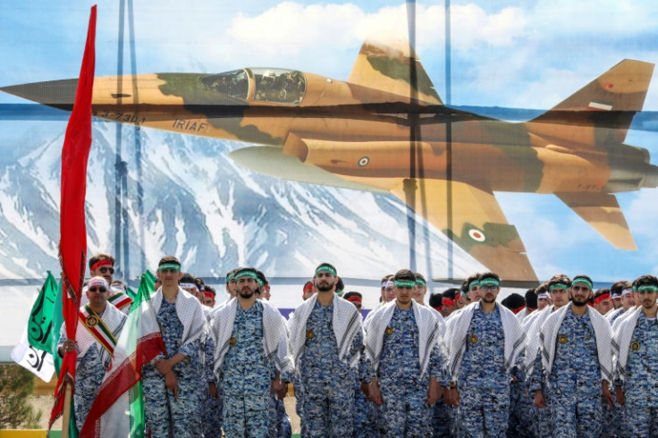 Iranian soldiers take part in a military parade during annual Army Day in the capital Tehran