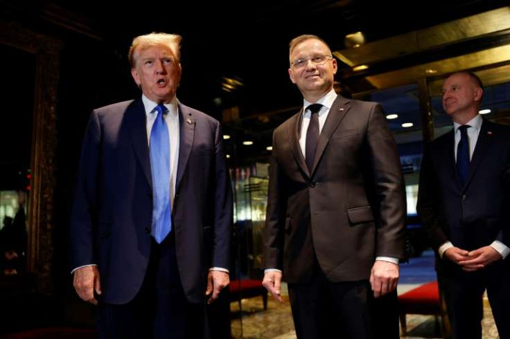 Donald Trump (L) met with Polish President Andrzej Duda at Trump Tower in New York, one in a series of meetings with foreign dignitaries as the Republican former US president campaigns for the White House in 2024