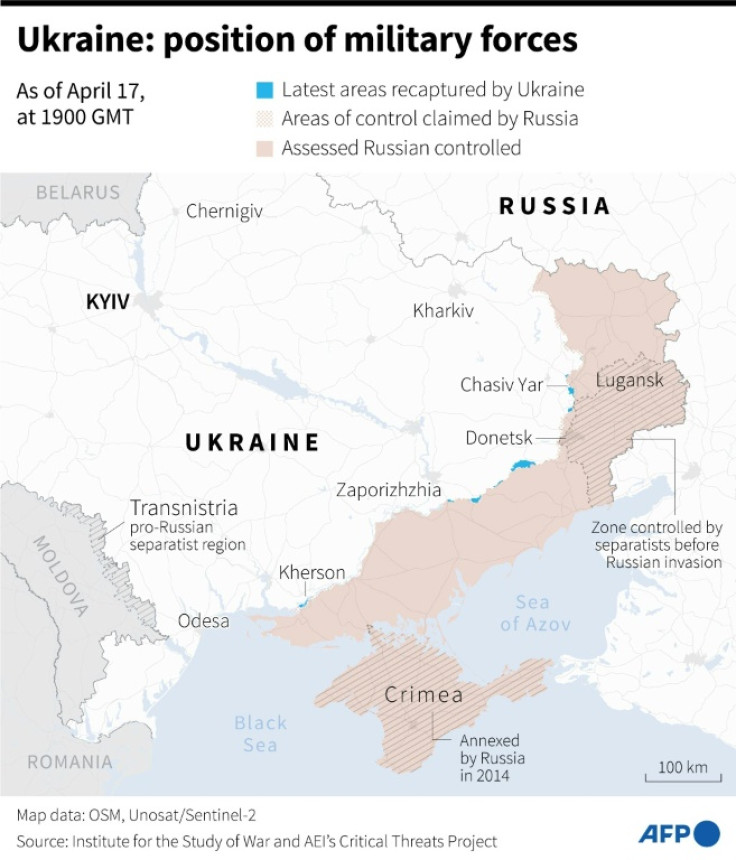 Map of areas controlled by Ukrainian and Russian forces in Ukraine, as of April 17, 1900 GMT