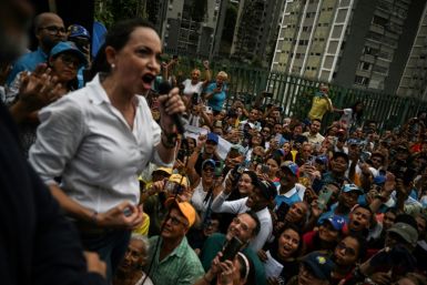 Venezuelan opposition leader Maria Corina Machado speaks during a rally in San Antonio de los Altos, Miranda state, Venezuela on April 17, 2024