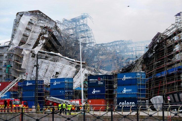 Half of the 17th-century Borsen building was destroyed and its 54-metre (180-foot) spire tumbled to the ground in the fire that broke out early Tuesday, in scenes that shocked Denmark