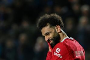 Liverpool's Mohamed Salah reacts during the Europa League quarter-final at Atalanta